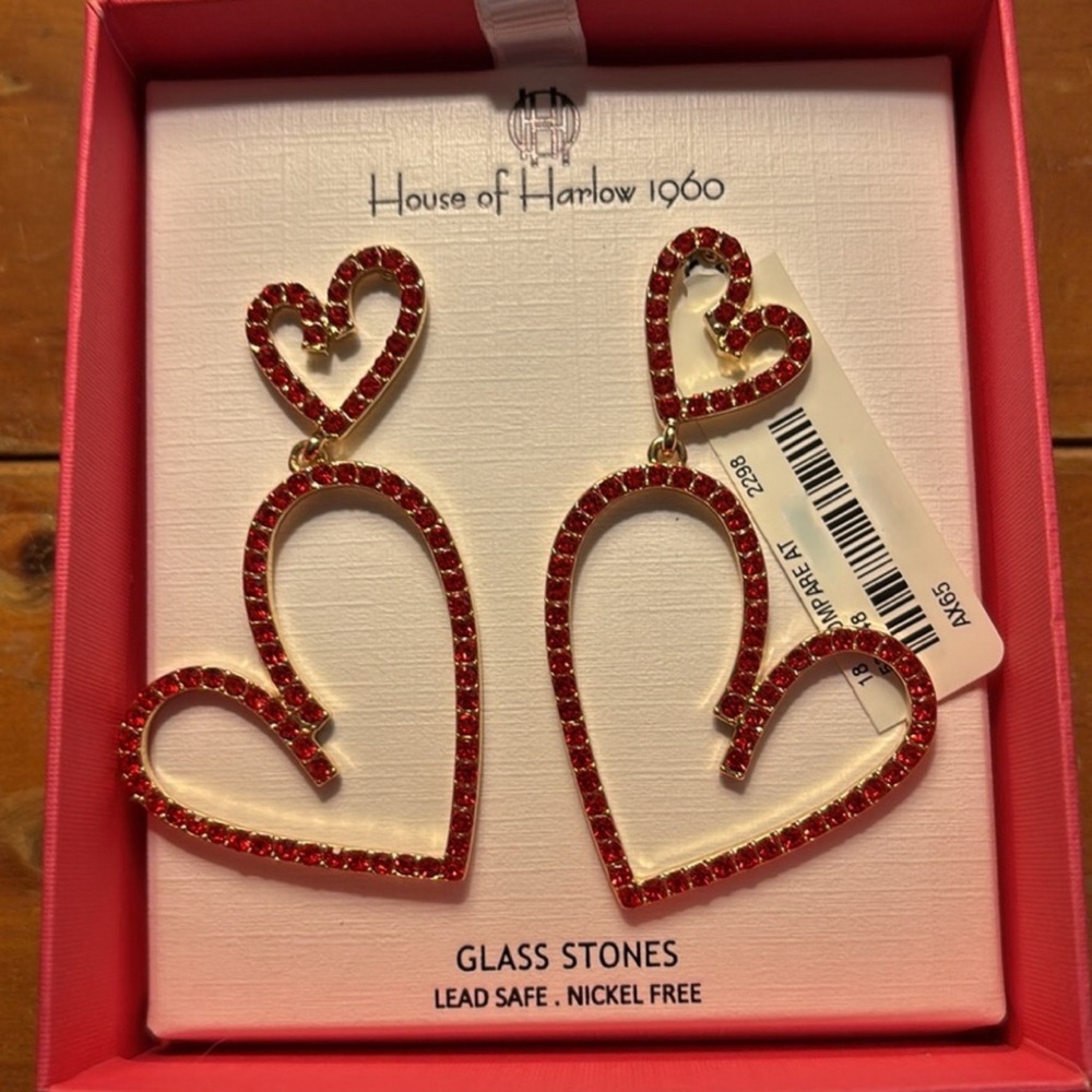 NWT House of Harlow 1960 red crystals embellished hearts hoop earrings